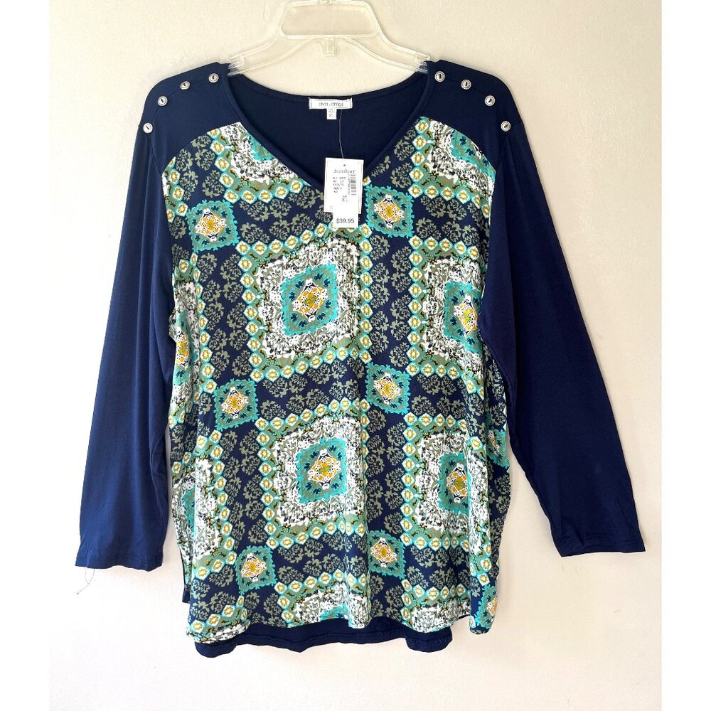 Ava James Sz L V Neck Floral Print Blue Pullover Stretch Blouse Top